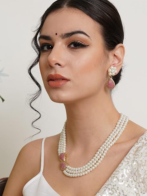 LukGud Pink Stone Studded Pearl Kundan Necklace Set for Women