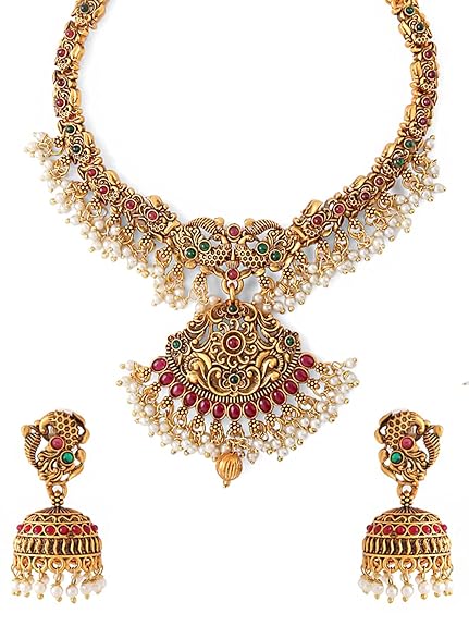 LukGud Gold-Plated Temple Necklace Set Stone-Studded Necklace Set For Women & Girls