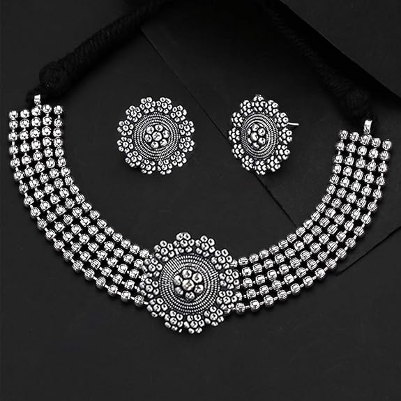LukGud Classic German Silver Oxidised Jewellery Set Traditional Choker Necklace Set for Women and Girls