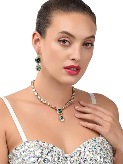 LuKGud Gold Tone Kundan & Green Stones Wedding Collection Necklace & Earring Set For Women