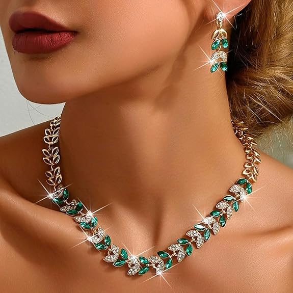LukGud Latest Stylish Design Fancy Wedding Party Crystal Necklace Jewellery Set for Women