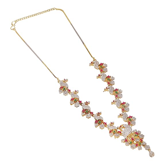 LukGud American Diamond Peacock Style Necklace Jewellery Set for Women and Girls, Multi-Color, Medium