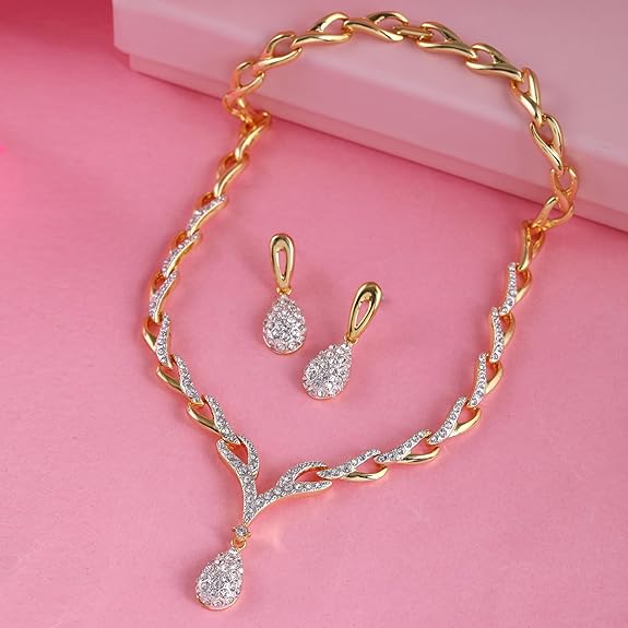 LukGud Valentine Collection 24 Kt Gold Plated American Diamond Necklace Set For Women