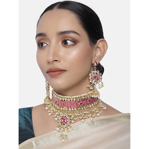 LukGud Gold Plated Meenakari Bridal Choker Necklace Earring Jewellery Set for women