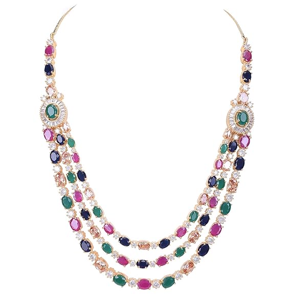 LukGud American Diamond Fashion Jewellery Red Green Blue White Multi Layer Necklace Set with Earring for Women/Girls