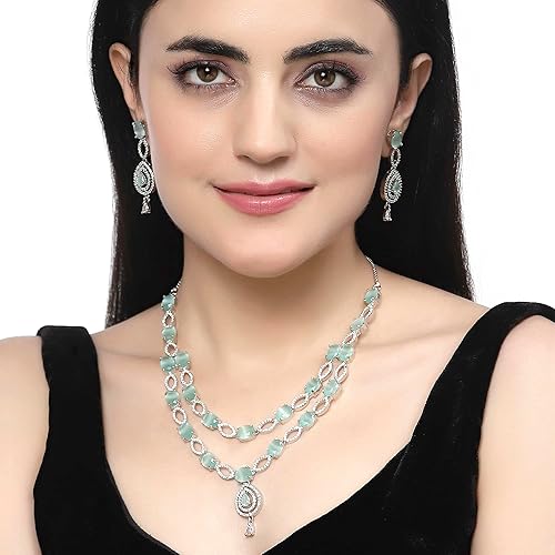 LukGud American Diamond Studded Abstract Necklace With Earrings Jewellery Set For Girls and Women