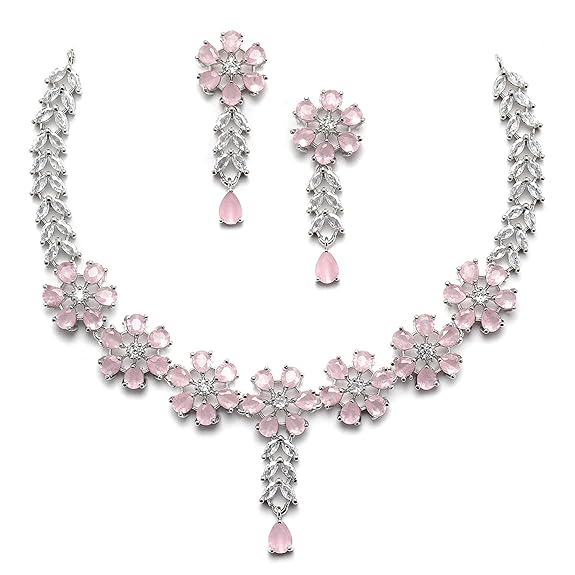 LukGud American Diamond Studded Necklace Earrings Jewellery Set for Girls and Women
