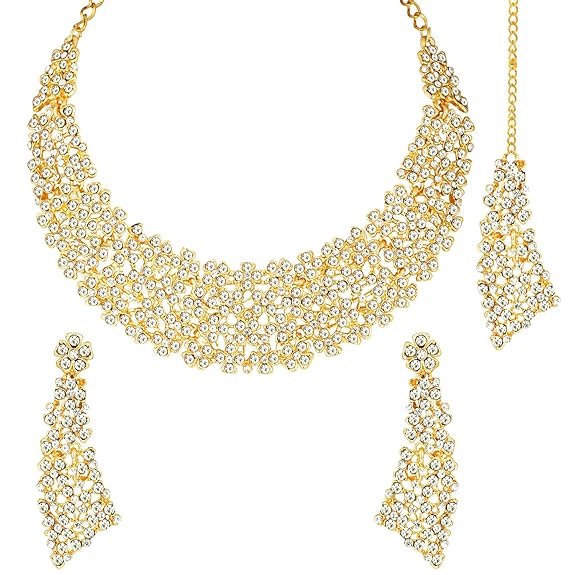 LukGud Gold-plated Brass and Cubic Zirconia Necklace Earrings Set for Women & Girls
