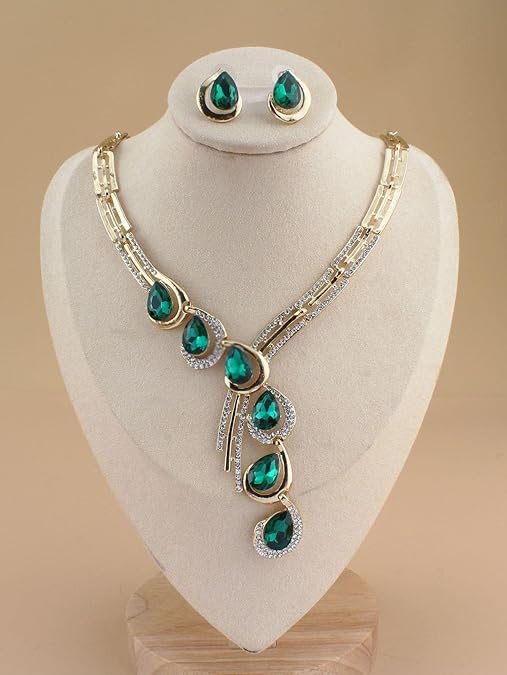 LukGud Stylish Fancy Gold Plated Crystal Earrings Necklace Jewellery Set for Women