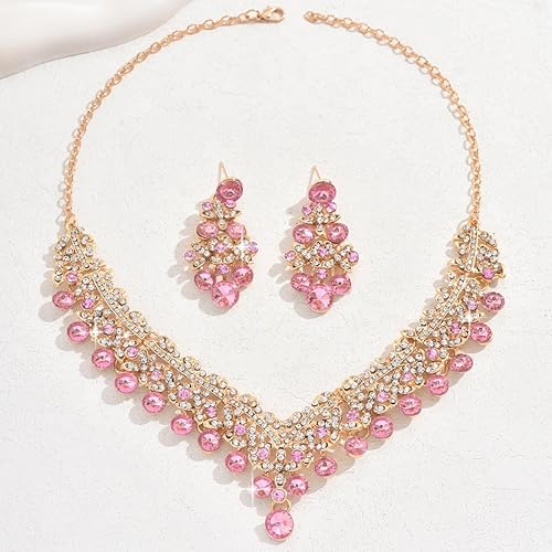 LukGud Stylish Design Fancy Wedding Party Crystal Diamonds Necklace Jewellery Set for Women