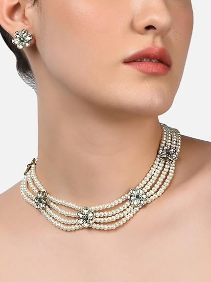 LukGud Gold Tone Kundan Flowers Multistrand Pearls Necklace & Earring Set For Women