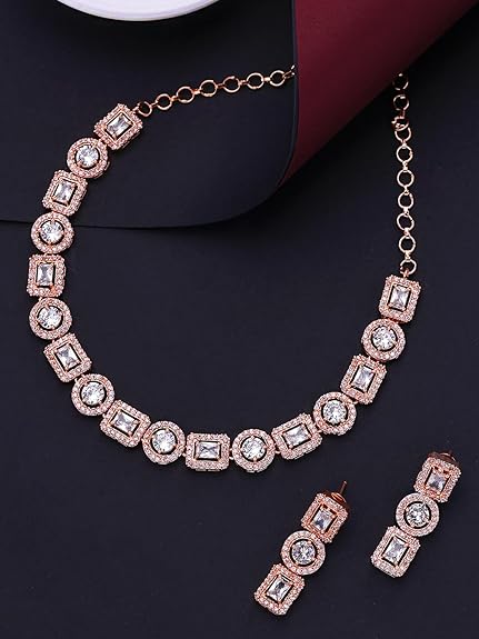 LukGud American Diamond Rhodium Rose Gold Plated AD Necklace Jewellery Set for Women