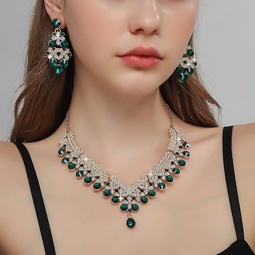LukGud Stylish Design Fancy Wedding Party Crystal Diamonds Necklace Jewellery Set for Women