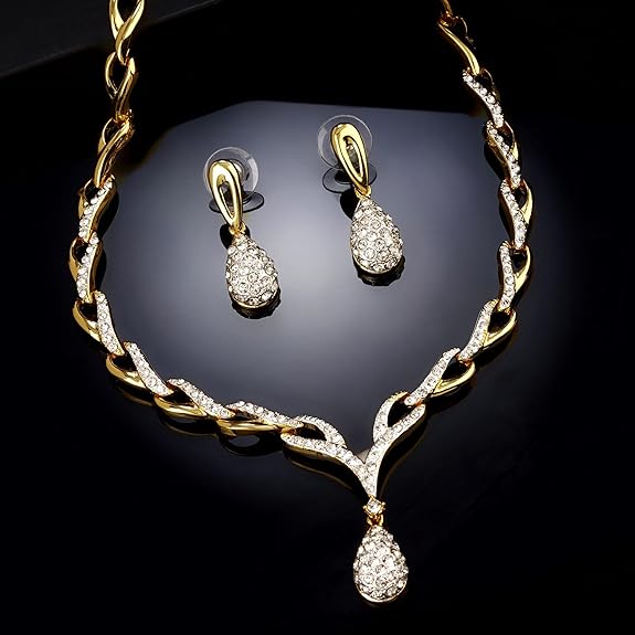 LukGud Valentine Collection 24 Kt Gold Plated American Diamond Necklace Set For Women
