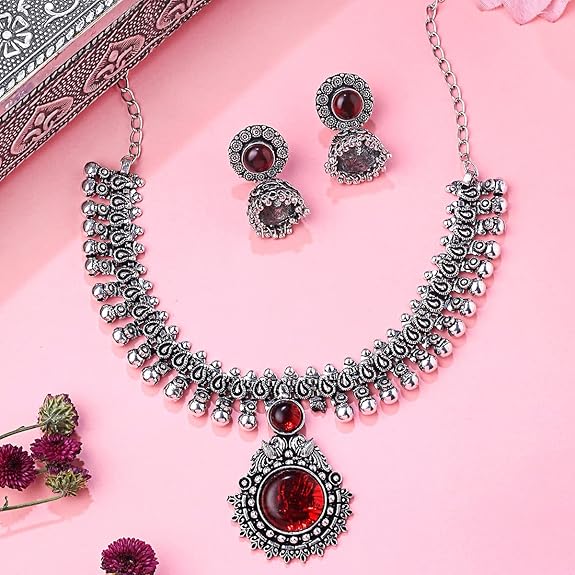 LukGud Kolhapuri Stone Choker Necklace Set with Jhumka Earrings for Women and Girls