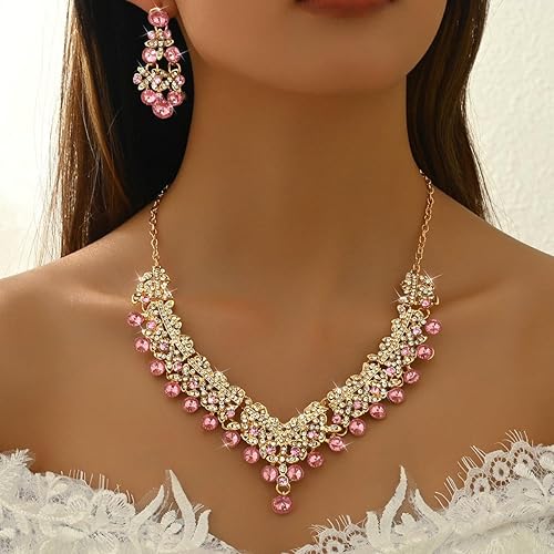 LukGud Stylish Design Fancy Wedding Party Crystal Diamonds Necklace Jewellery Set for Women