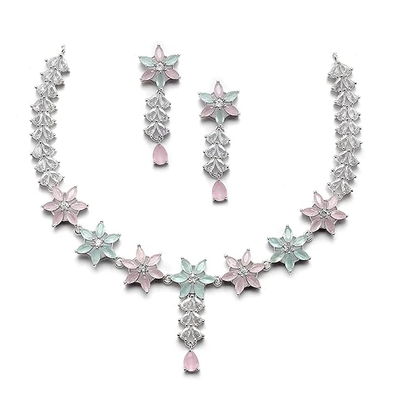 LukGud American Diamond Studded Necklace Earrings Jewellery Set for Girls and Women