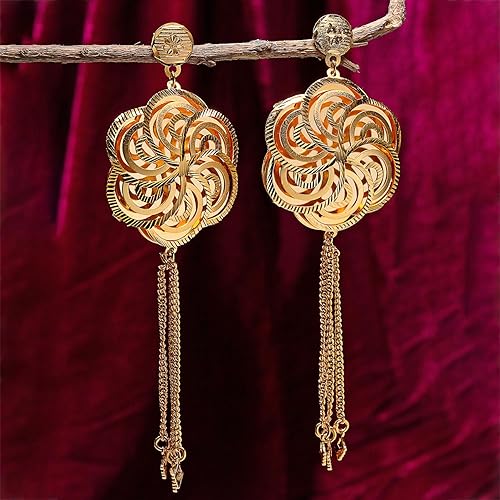 LukGud Gold Plated Floral Earrings With Long Threads Tassel Alloy Earring for Women and Girls