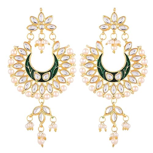 LukGud Earring Gold Plated Brass Kundan Pearl Studded Designer Green Chandbali Jhumka Earring Jewellery For Girl And Women