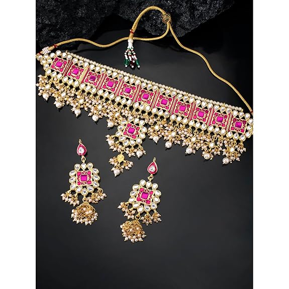 LukGud Gold Plated Meenakari Bridal Choker Necklace Earring Jewellery Set for women