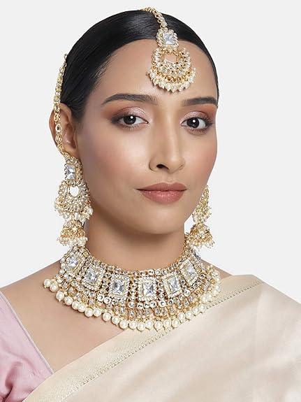 LukGud Rani Padmavati Dulhan Bridal Kundan Pearl Adjustable Choker Necklace with Earrings Maang Tikka for Women Girls Indian Traditional Jewellery Set