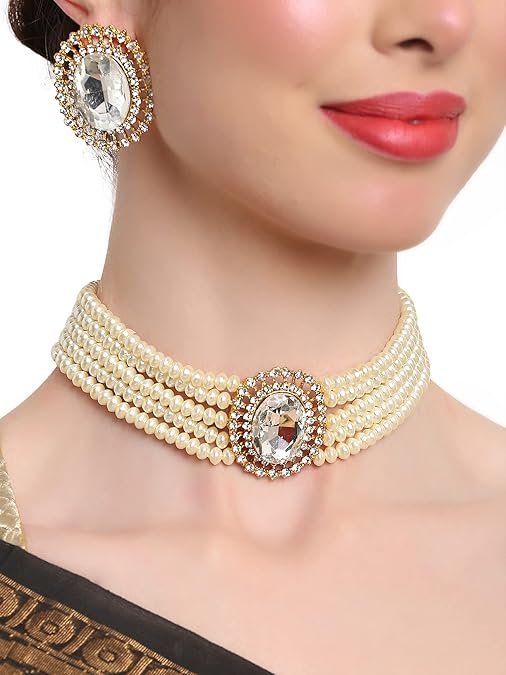 LukGud 18k Gold Plated Latest Stylish Fancy Choker Traditional Pearl Necklace Jewellery Set for Women