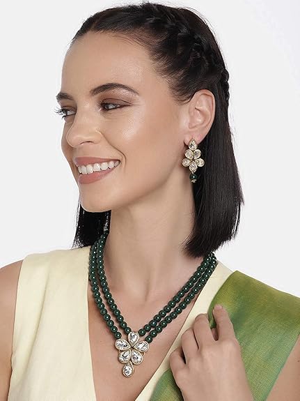 LukGud 18k Gold Plated Traditional Kundan & Pearl Studded Necklace Jewellery Set For Women