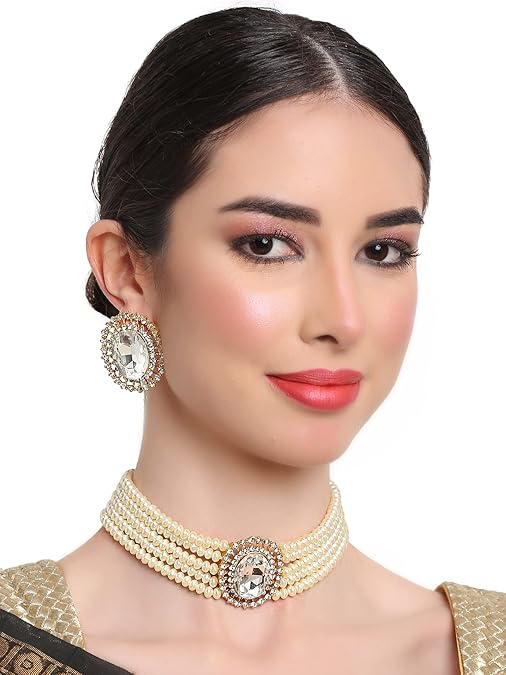 LukGud 18k Gold Plated Latest Stylish Fancy Choker Traditional Pearl Necklace Jewellery Set for Women