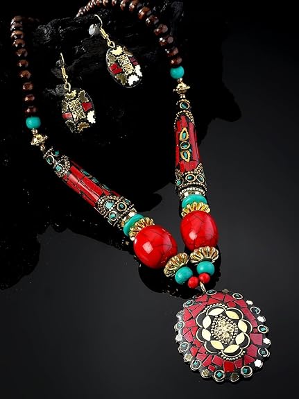 LukGud Latest Stylish Traditional Tibetan Pendant Necklace Jewellery Set for Women