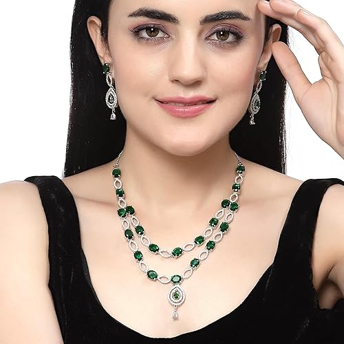 LukGud American Diamond Studded Abstract Necklace With Earrings Jewellery Set For Girls and Women