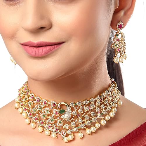 LukGud Gold Plated White & Red American Diamond Studded With Drop Pearl Beaded Jewellery Set For Women & Girl