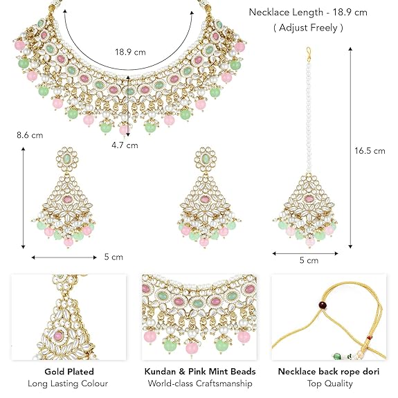 LukGud Gold Plated Kundan & Beads Studded Choker Necklace Dangle Earrings & Maangtikka Set Ethnic Jewellery for Women