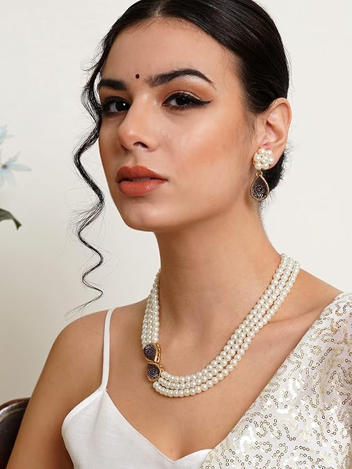 LukGud Pink Stone Studded Pearl Kundan Necklace Set for Women