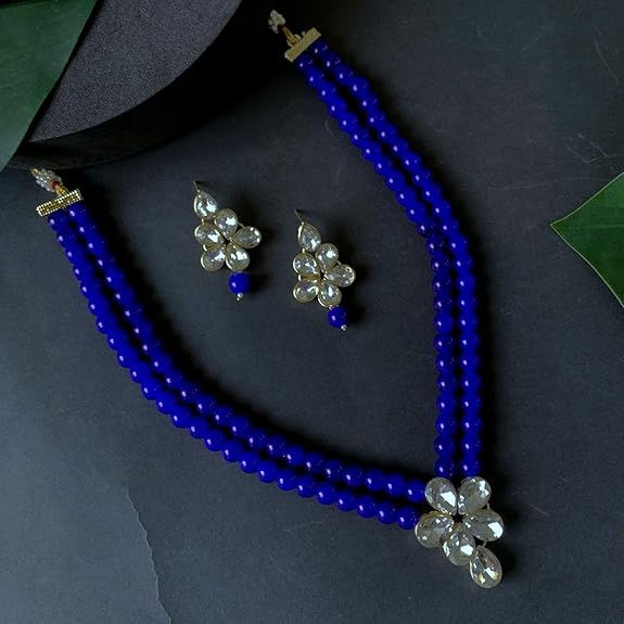 LukGud 18k Gold Plated Traditional Kundan & Pearl Studded Necklace Jewellery Set For Women