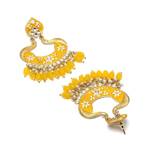 LukGud Gold-Plated Kundan & Pearls studded Peacock Shaped Handcrafted Drop Earrings