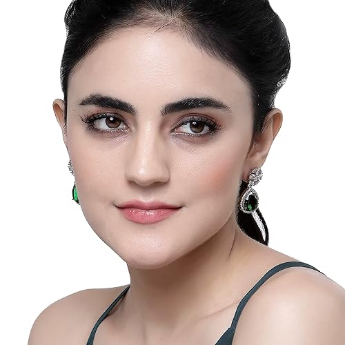 LukGud Rhodium-Plated American Diamond Studded Teardrop & Floral Shaped Drop Earrings For Girls and Women