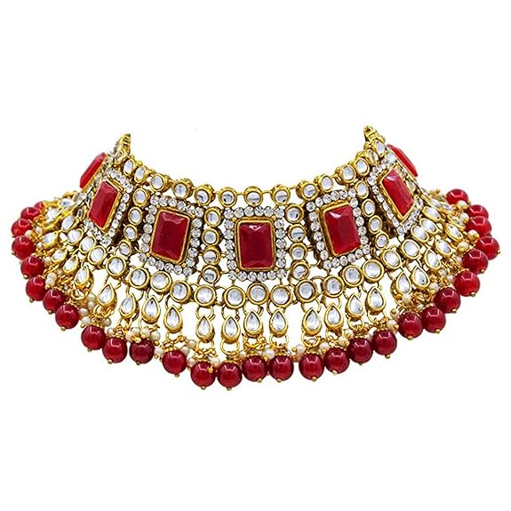 LukGud Rani Padmavati Dulhan Bridal Kundan Pearl Adjustable Choker Necklace with Earrings Maang Tikka for Women Girls Indian Traditional Jewellery Set