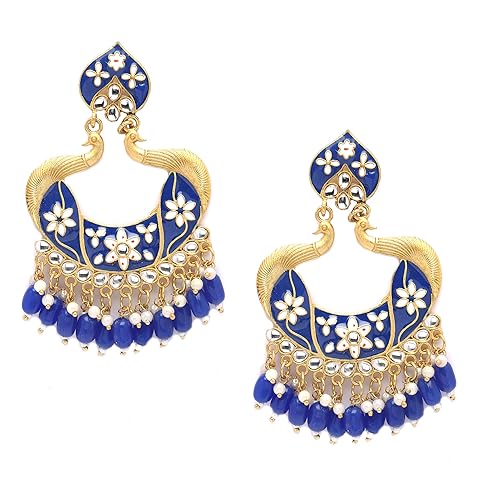 LukGud Gold-Plated Kundan & Pearls studded Peacock Shaped Handcrafted Drop Earrings