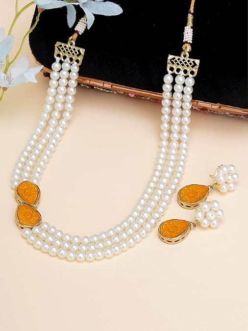 LukGud Pink Stone Studded Pearl Kundan Necklace Set for Women