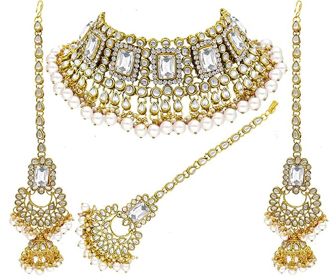 LukGud Rani Padmavati Dulhan Bridal Kundan Pearl Adjustable Choker Necklace with Earrings Maang Tikka for Women Girls Indian Traditional Jewellery Set