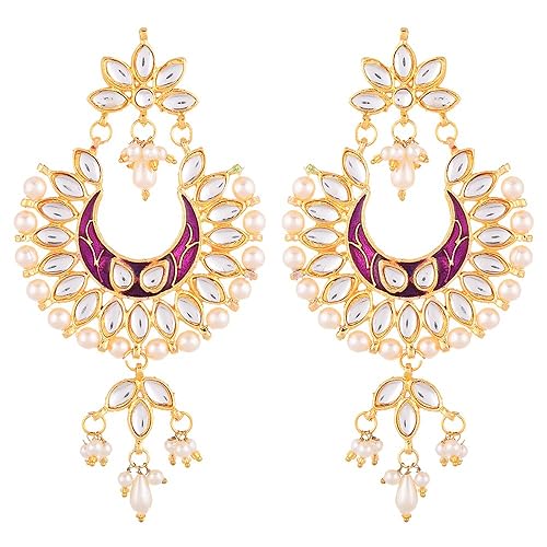 LukGud Earring Gold Plated Brass Kundan Pearl Studded Designer Purple Chandbali Jhumka Earring Jewellery For Girl And Women