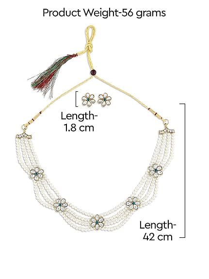 LukGud Gold Tone Kundan Flowers Multistrand Pearls Necklace & Earring Set For Women