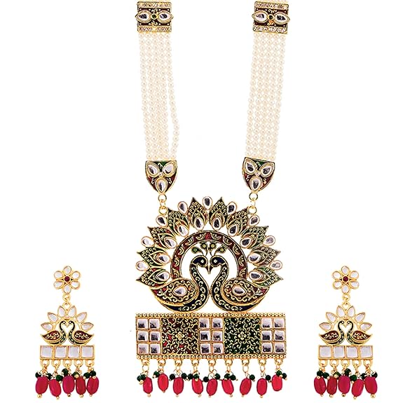 LukGud Jewellery Set Gold Plated Long Necklace Hyderabadi Design Pearl Peacock Necklace Set With Earring Jewellery For Women & Girls