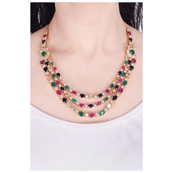 LukGud American Diamond Fashion Jewellery Red Green Blue White Multi Layer Necklace Set with Earring for Women/Girls