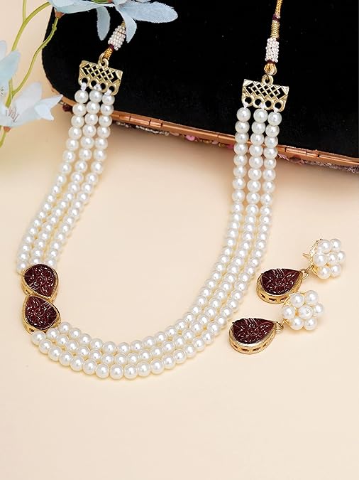 LukGud Pink Stone Studded Pearl Kundan Necklace Set for Women