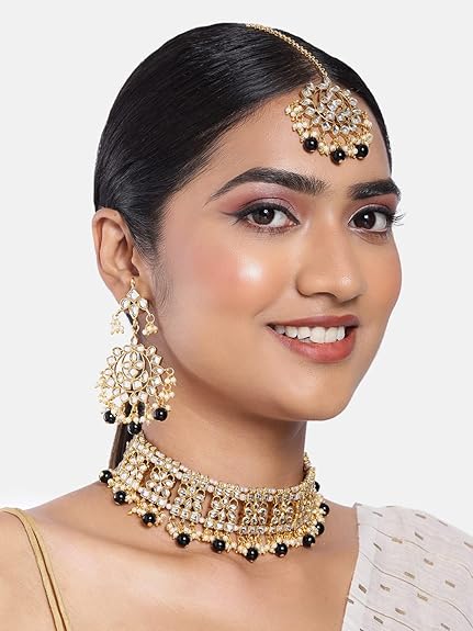 LukGud Ethnic Indian Traditional Jewellery Kundan Choker Necklace Earring Maang Tikka Set Gift for Women Girls