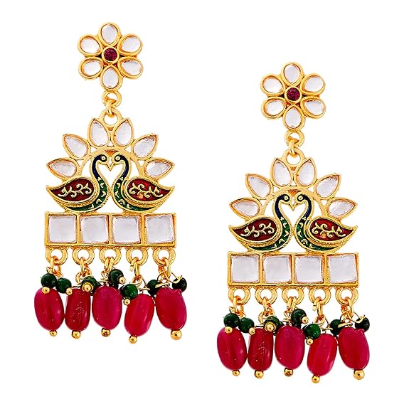 LukGud Jewellery Set Gold Plated Long Necklace Hyderabadi Design Pearl Peacock Necklace Set With Earring Jewellery For Women & Girls