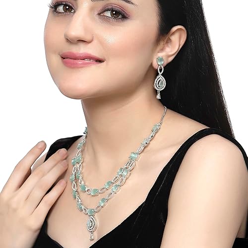 LukGud American Diamond Studded Abstract Necklace With Earrings Jewellery Set For Girls and Women