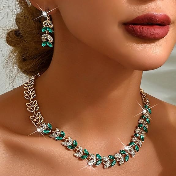 LukGud Latest Stylish Design Fancy Wedding Party Crystal Necklace Jewellery Set for Women