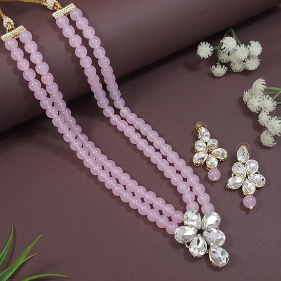 LukGud 18k Gold Plated Traditional Kundan & Pearl Studded Necklace Jewellery Set For Women